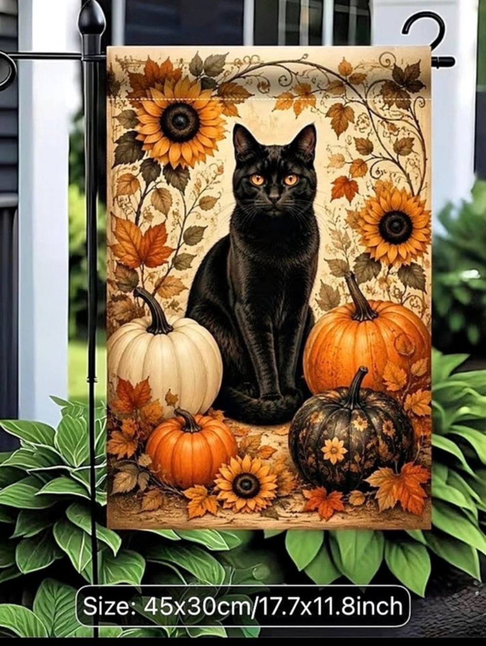 Halloween Cat Sunflower Garden Flag, Orange & Black